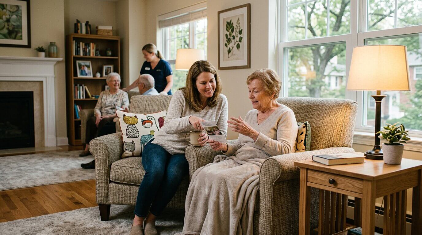 A family member guiding their senior loved one in a comforting, home-like setting.