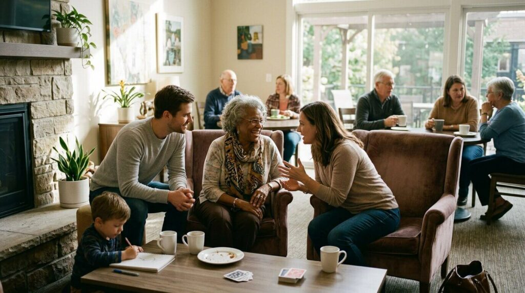 A family having a conversation with a senior and laughing around a dining table.