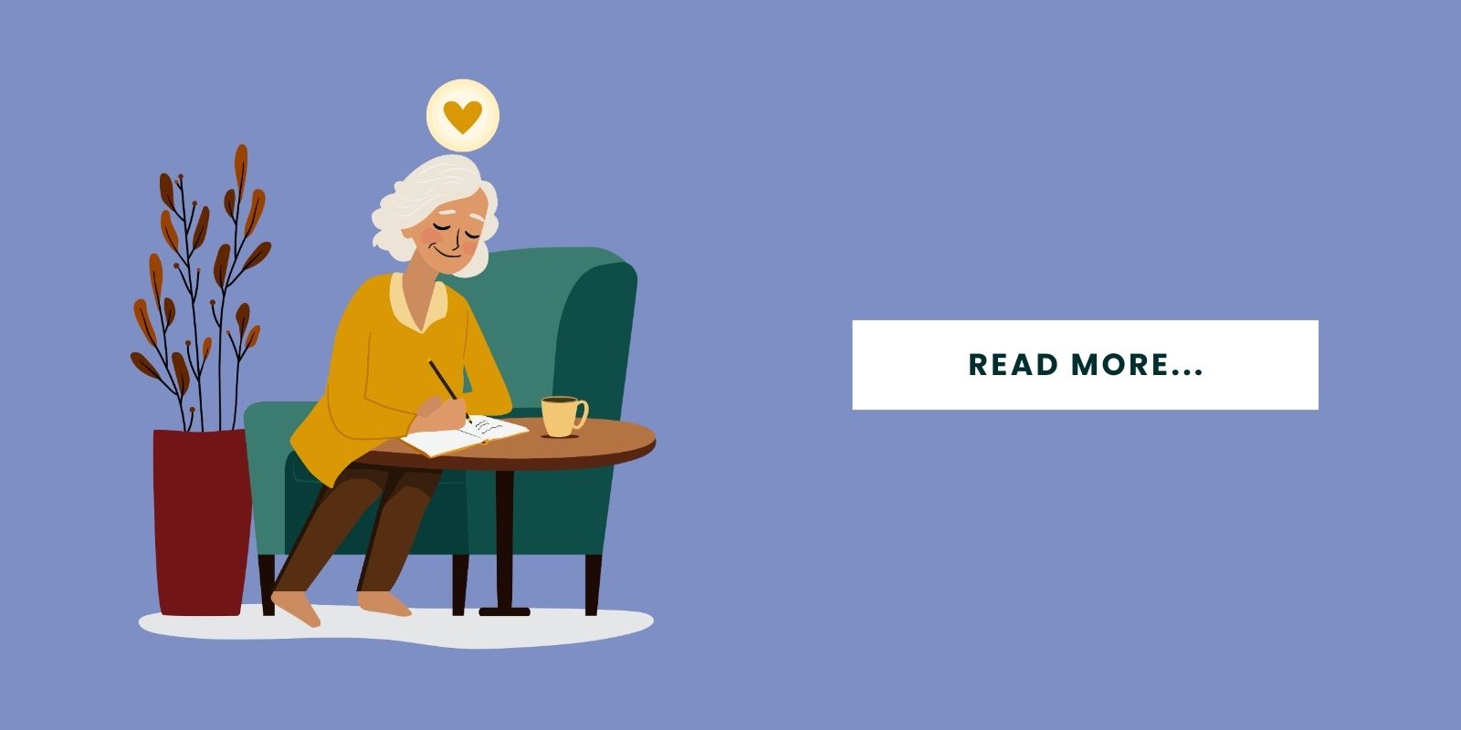 An illustration of a senior sitting and journaling for wellness with a button that says, "Read More..."