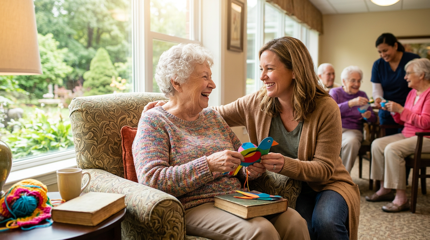 An adult smiles while helping an older adult with a craft in a memory care community.