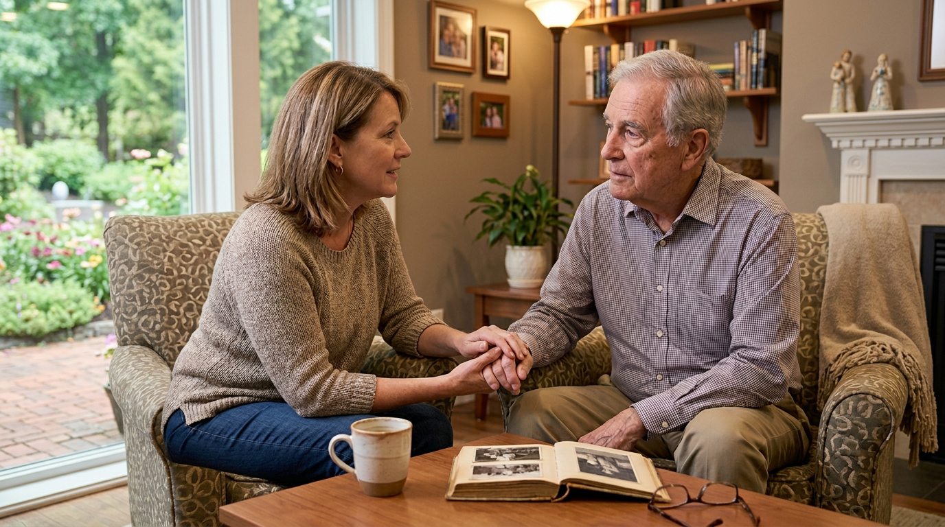 An adult talks with their senior parent about memory loss.