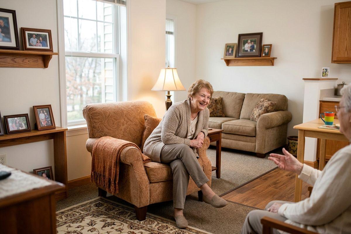 A senior and adult sitting across from each other while talking, in a warmly lit personal care community. 