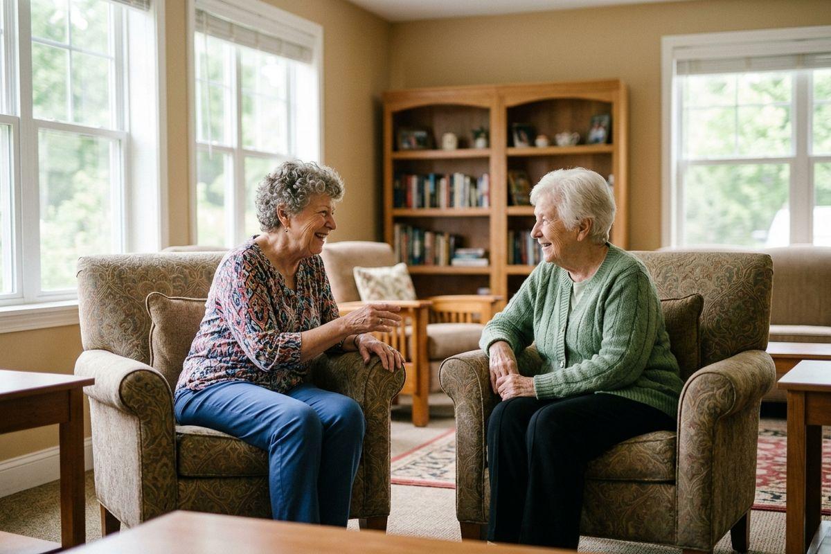 Two older adults facing each other while smiling and talking on a couch in a personal care community.