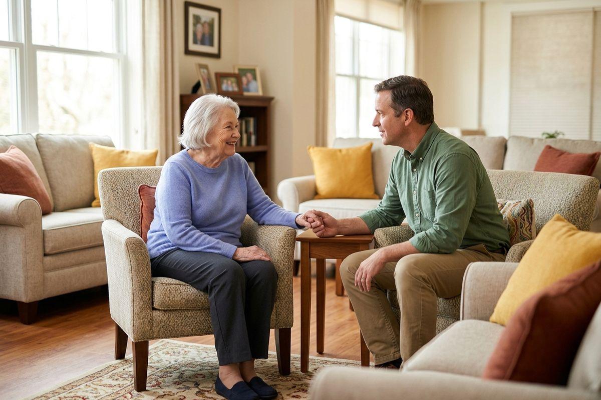 An older adult and a senior, sat down and holding hands while talking to each other in a memory care community