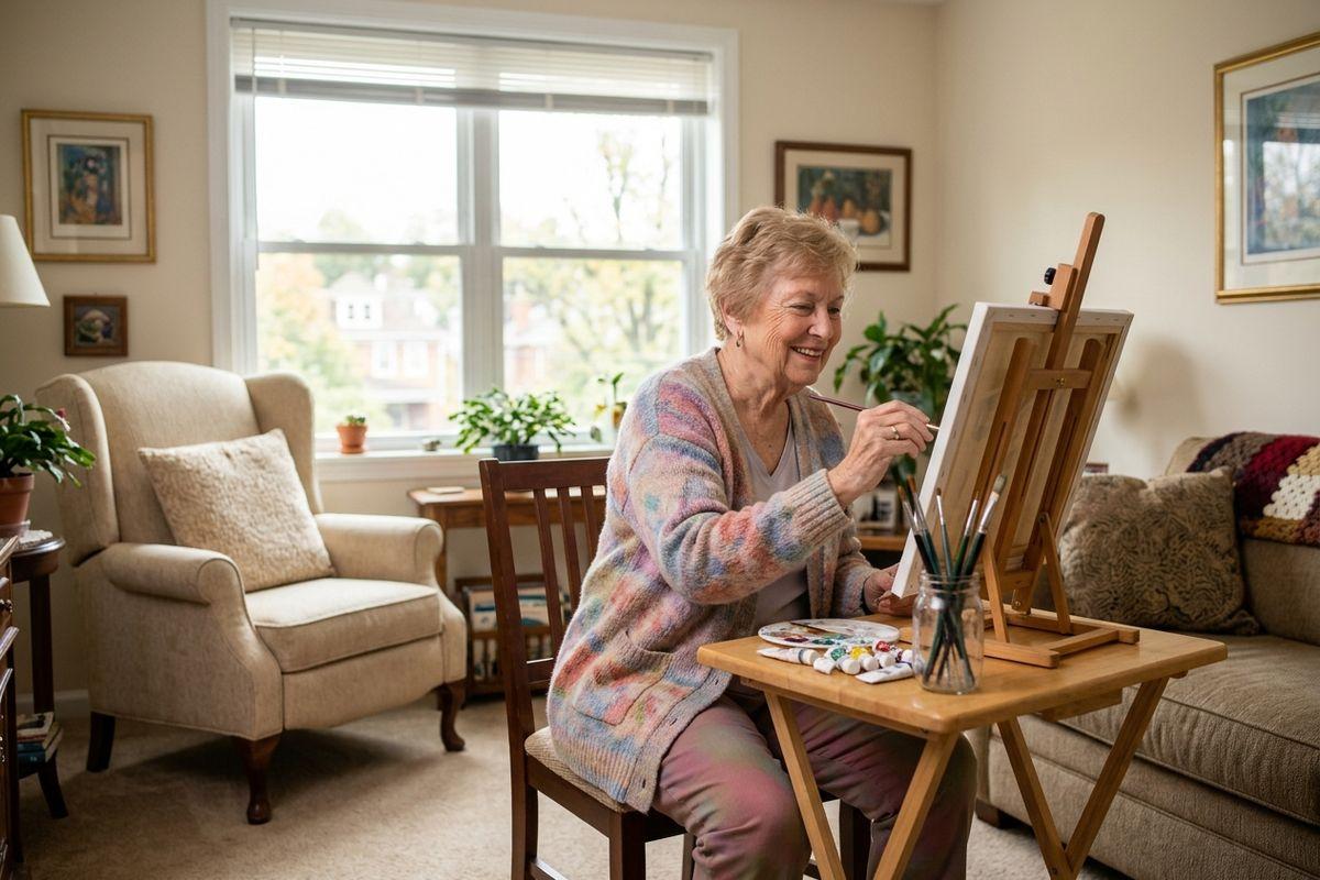 A senior painting in a brightly lit room of a memory care community.