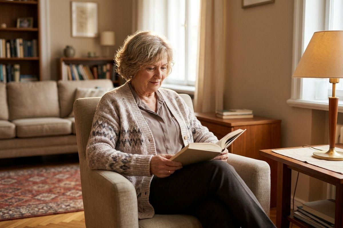 Senior sitting down reading a book, in a cozy warm lit senior living community. 