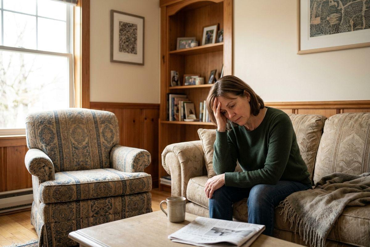 An older adult sitting down, stressed and exhausted on the couch.
