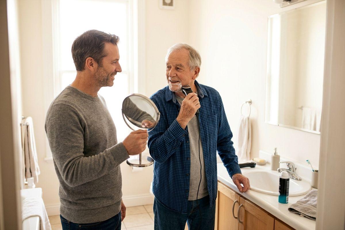 A younger man holds a handheld mirror for a senior shaving with an electric razor in a bathroom, both smiling at each other.