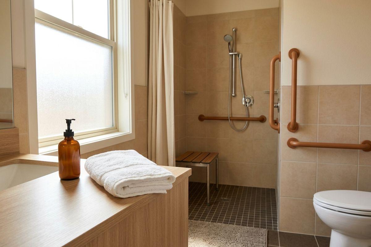 Sunlight pours into a bathroom with grab bars, a handheld sprayer, a wooden bench, a toilet, a folded towel, and a soap pump on the counter.